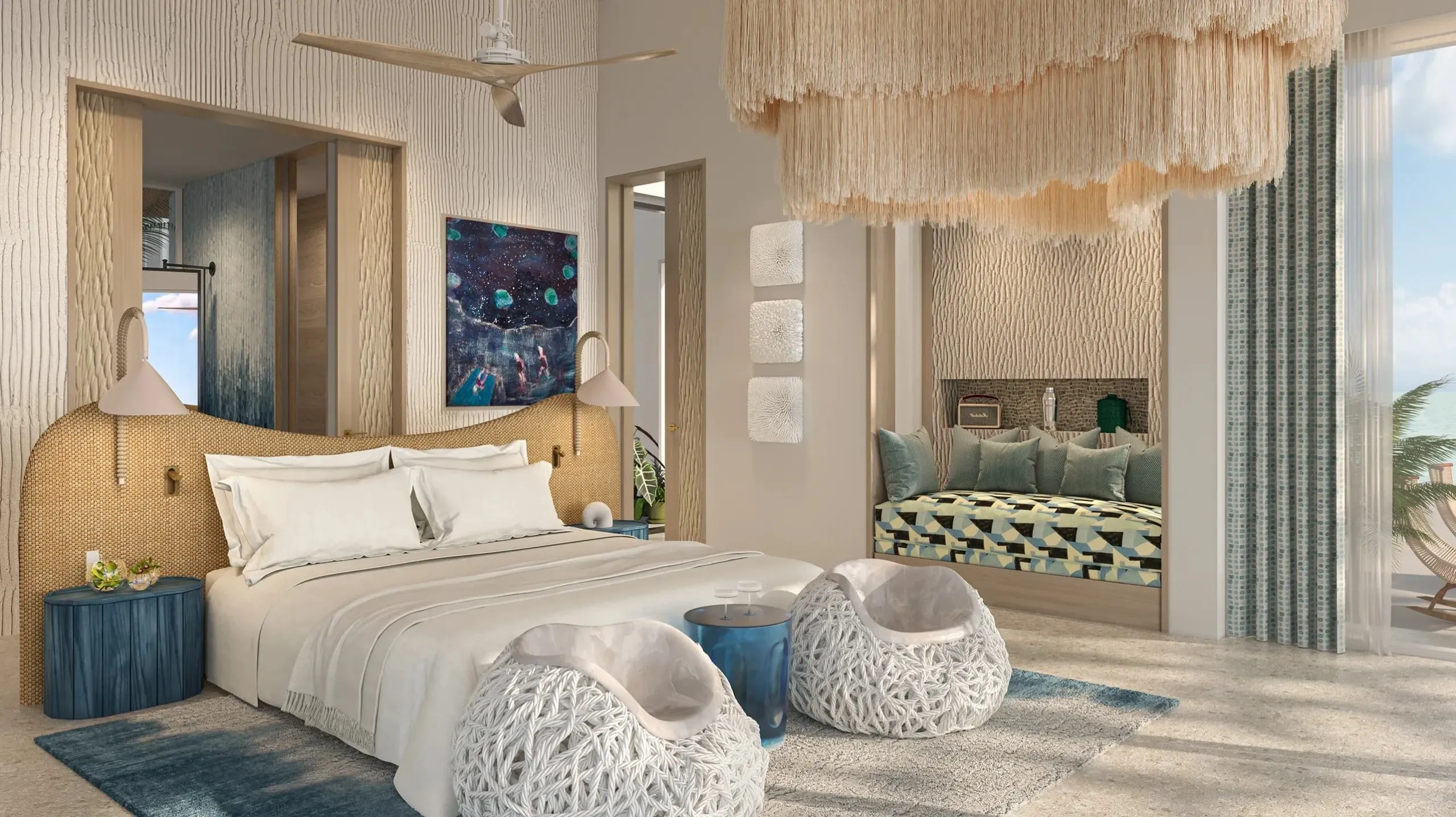 Eine Visualisierung zeigt ein Schlafzimmer mit Bett vor einem geflochtenen Kopfteil, zwei weißen Geflechtsesseln, einer Sitznische mit gemusterten Polstern und einem Leuchter aus Fransen