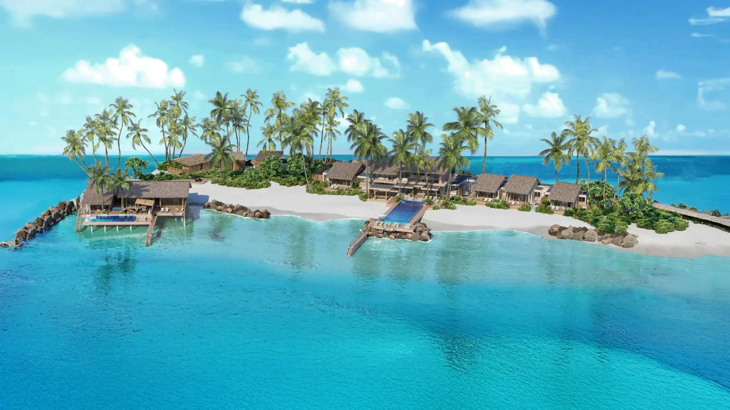 Eine Visualisierung zeigt eine kleine Insel mit Palmen, Villen mit dunklen Dächern, einem Steg mit Pool und weißem Strand in einer türkisfarbenen Lagune