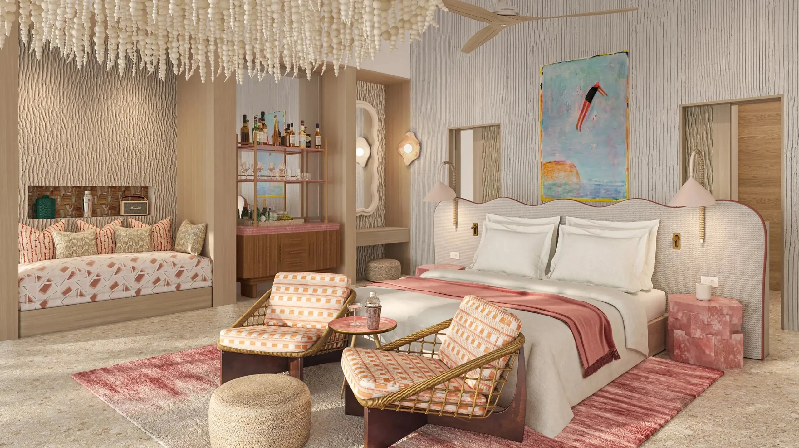 Eine Visualisierung zeigt ein Schlafzimmer in Rosé mit Bett, rosa Teppich, zwei gestreiften Sesseln, einem Bild über dem Kopfteil und einem Leuchter aus Muscheln