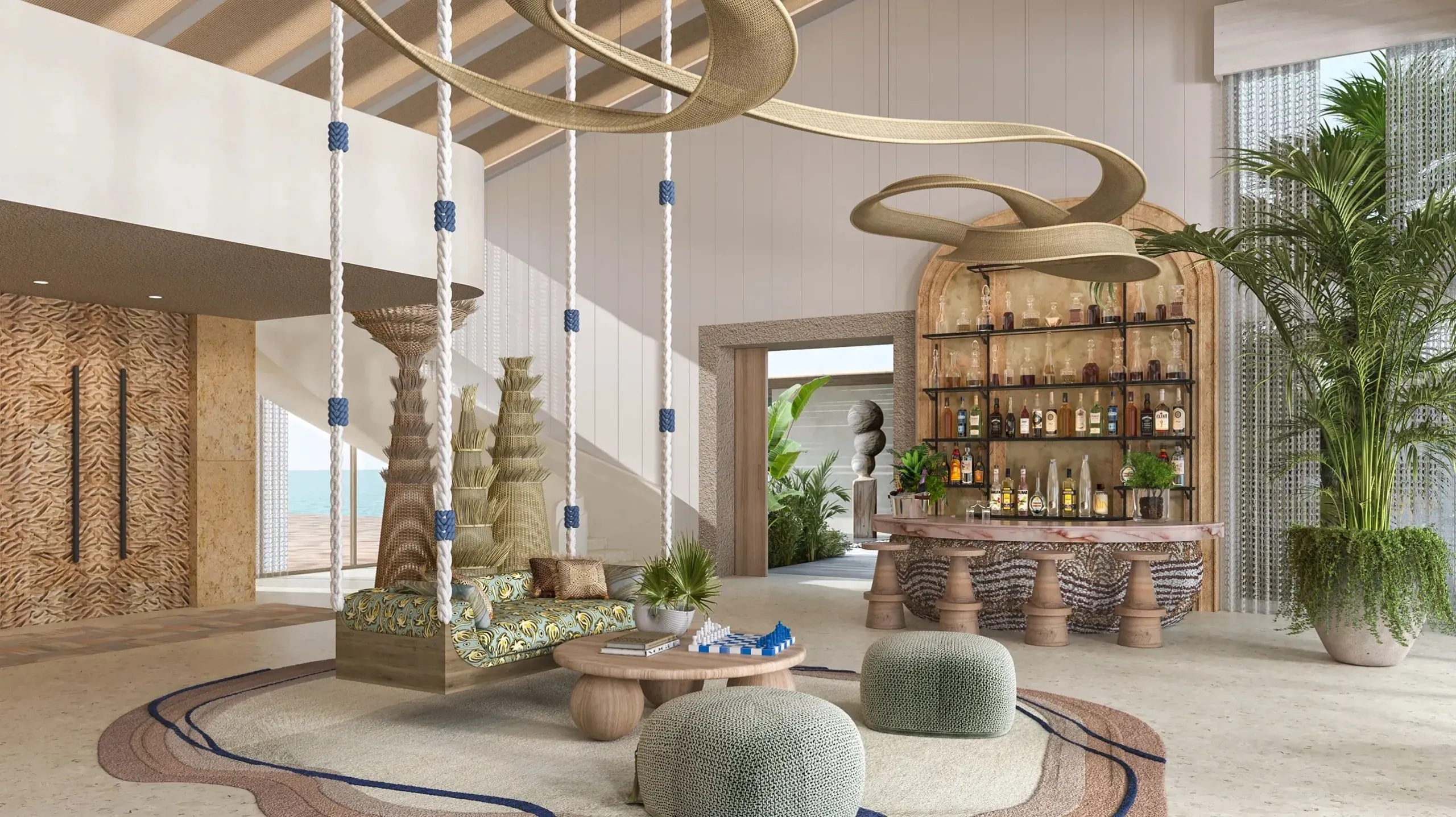 Eine Visualisierung zeigt eine Lounge mit an Tauen hängender Bank, runden Sitzpolstern, einem Schachbrett auf dem Tisch, einer Bar mit Flaschenregal und einer großen Topfpalme