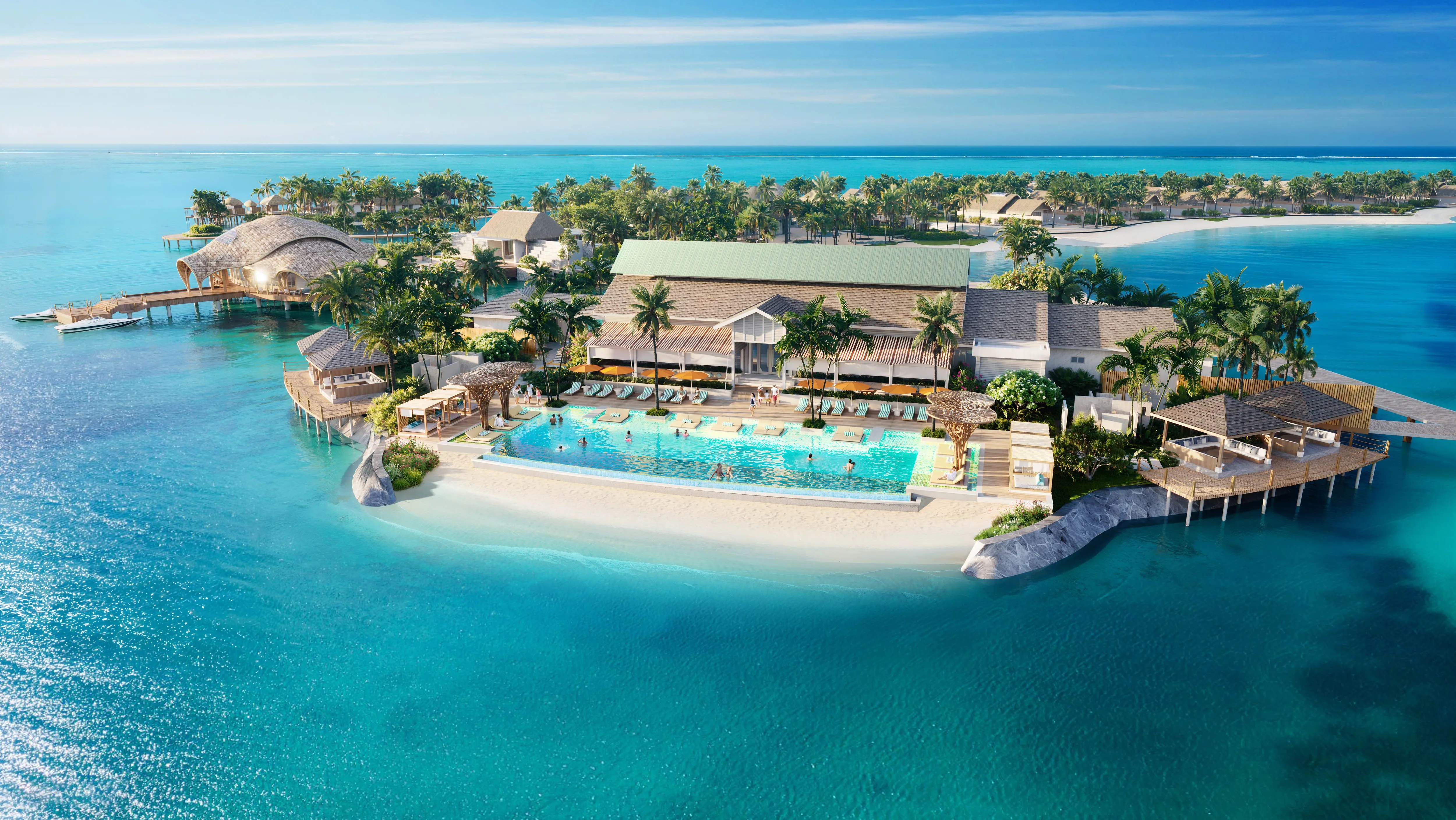 Eine Visualisierung zeigt ein Gebäude mit hellem Dach an der Spitze einer Insel, davor einen großen Pool mit Liegen und Menschen am Sandstrand, seitlich Pavillons auf Stelzen über türkisfarbenem Wasser und im Hintergrund weitere Inseln mit Palmen